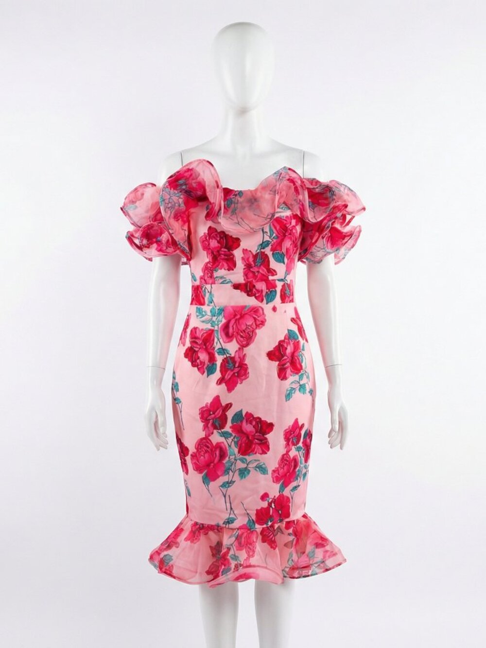 Luxury Designer Runway Wedding Evening Cocktail Flowers Roses Ruffles Dress Gown